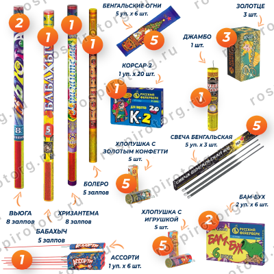 Большой набор пиротехники №2: фейерверки 3 шт., петарды, бенгальские огни, хлопушки + ПОДАРОК