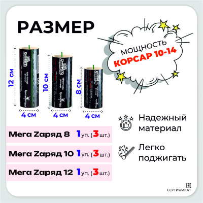 Набор мощных петард Мега Zаряд 8, 10, 12 (3 упаковки по 3шт..)
