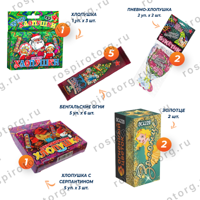 Праздничный набор хлопушек, фонтанов, бенгальских огней